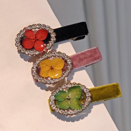 Alligator Hair Clip, Tibetan Style, with Flocking Fabric & Dried Flower, fashion jewelry & for woman & epoxy gel & with rhinestone, more colors for choice, Sold By PC