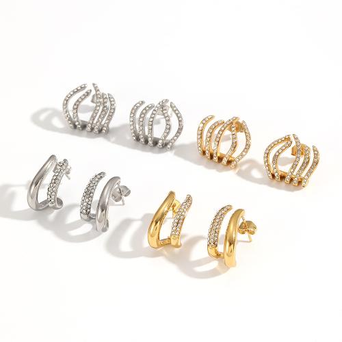 Stainless Steel Stud Earrings, 304 Stainless Steel, plated, fashion jewelry & with rhinestone, more colors for choice, Sold By Pair