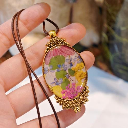 Tibetan Style Sweater Necklace, with Dried Flower & PU Leather Cord, fashion jewelry & for woman & epoxy gel, Sold By PC