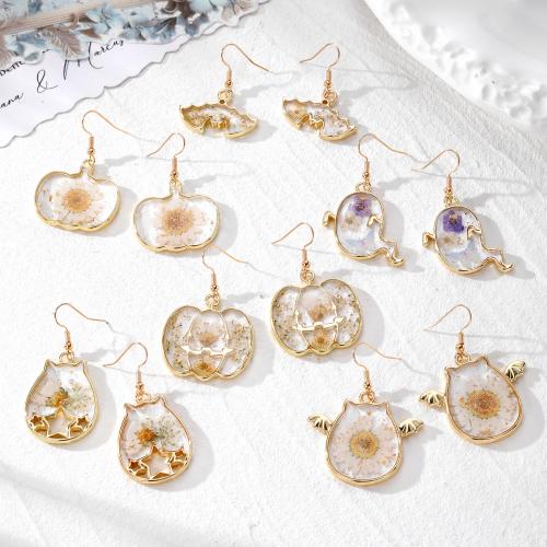 Tibetan Style Drop Earrings, Plastic, with Dried Flower & Tibetan Style, epoxy gel, fashion jewelry, more colors for choice, Sold By Pair