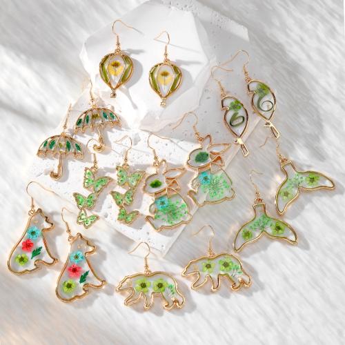 Tibetan Style Drop Earrings, Plastic, with Dried Flower & Tibetan Style, epoxy gel, fashion jewelry, more colors for choice, Sold By Pair
