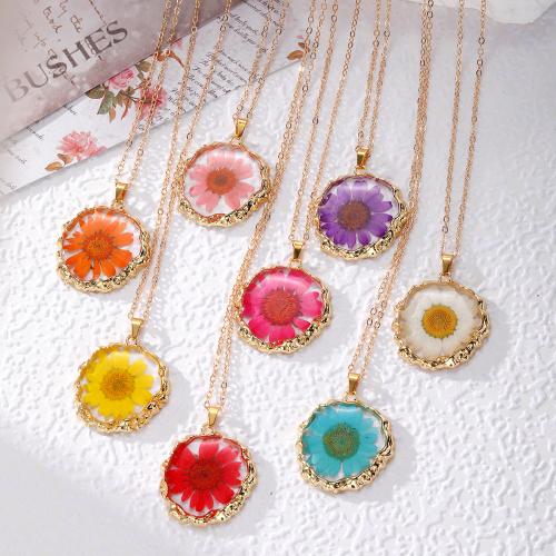 Tibetan Style Jewelry Necklace, Plastic, with Dried Flower & Tibetan Style, epoxy gel, fashion jewelry, more colors for choice, 30x30x5mm, Length:51-80 cm, Sold By PC