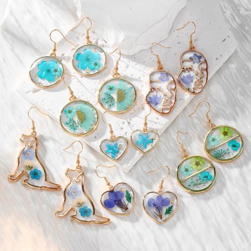 Tibetan Style Drop Earrings, Plastic, with Dried Flower & Tibetan Style, epoxy gel, fashion jewelry, more colors for choice, Sold By Pair