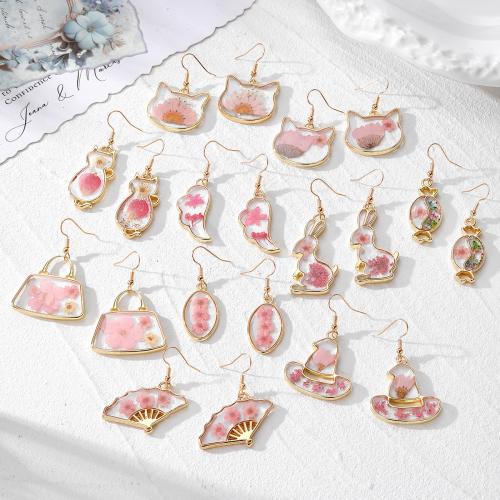 Tibetan Style Drop Earrings, Plastic, with Dried Flower & Tibetan Style, epoxy gel, fashion jewelry, more colors for choice, Sold By Pair