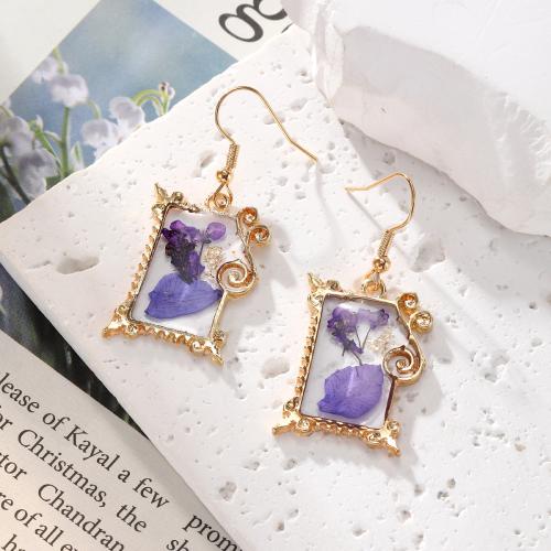 Boucles d'oreilles en alliage de zinc, avec Fleurs séchées, goutté d'époxy, bijoux de mode, plus de couleurs à choisir, Vendu par paire