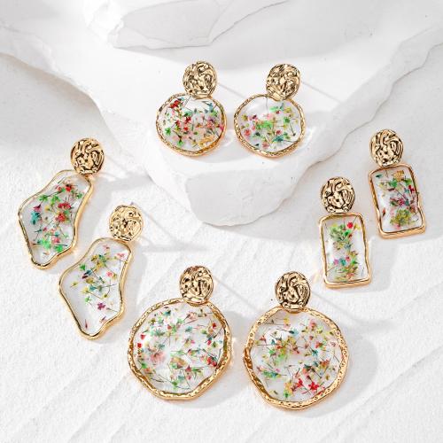 Boucles d'oreilles en alliage de zinc, plastique, avec Fleurs séchées & alliage de zinc, goutté d'époxy, bijoux de mode, plus de couleurs à choisir, Vendu par paire