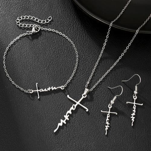 Edelstahl Schmucksets, 304 Edelstahl, Kreuz, silberfarben plattiert, drei Stücke & Modeschmuck, Silberfarbe, verkauft von PC