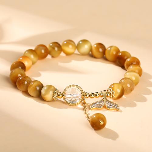 Natürliche Tiger Eye Armband, Tigerauge, mit Rutilated Quarz & Messing, Modeschmuck & mit Strass, goldfarben, 8mm, verkauft von PC