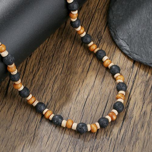Natural Gemstone Necklace, Lava, with Black Diamond & Wood & Tibetan Style, fashion jewelry, more colors for choice, Sold By Strand