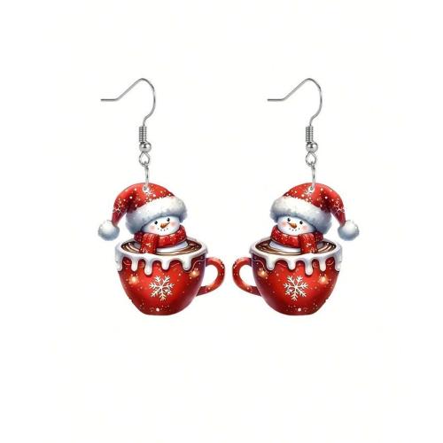 Christmas Earrings, Tibetan Style, with Acrylic, Snowman, printing, 3D Printed & Christmas Design & for woman, red, 55x30mm, Sold By Pair
