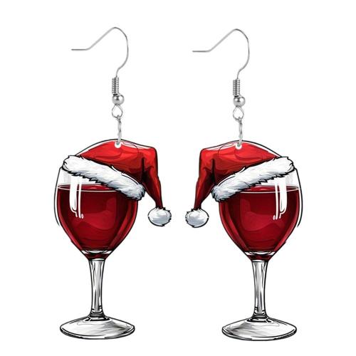 Christmas Earrings, Acrylic, with 304 Stainless Steel, Cup, printing, bodhi three eyes & Christmas Design & for woman & double-sided, red, Sold By Pair