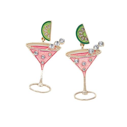 Tibetan Style Drop Earrings, Cup, for woman & enamel & with rhinestone & hollow, pink, Sold By Pair