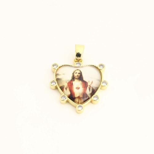 Cubic Zirconia Micro Pave Brass Pendant, with Plastic, Heart, DIY & micro pave cubic zirconia, gold, Sold By PC
