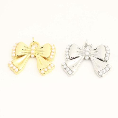 Brass Jewelry Pendants, with Plastic Pearl, Bowknot, DIY, golden, Sold By PC