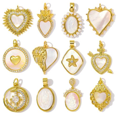 Cúbicos Circonia Colgante Latón Micro pavimenta, metal, con Nácar Blanca, chapado, Bricolaje & micro arcilla de zirconia cúbica, más colores para la opción, libre de níquel, plomo & cadmio, 3PCs/Bolsa, Vendido por Bolsa