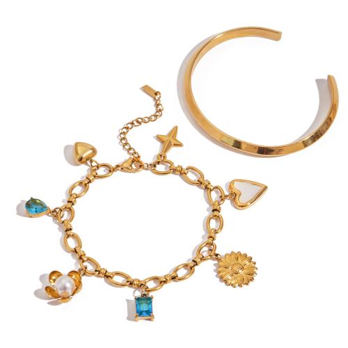 Bijoux bracelet en acier inoxydable, Acier inoxydable 304, avec zircon cubique & perle de verre, Placage, bijoux de mode & styles différents pour le choix & pour femme, doré, Vendu par PC
