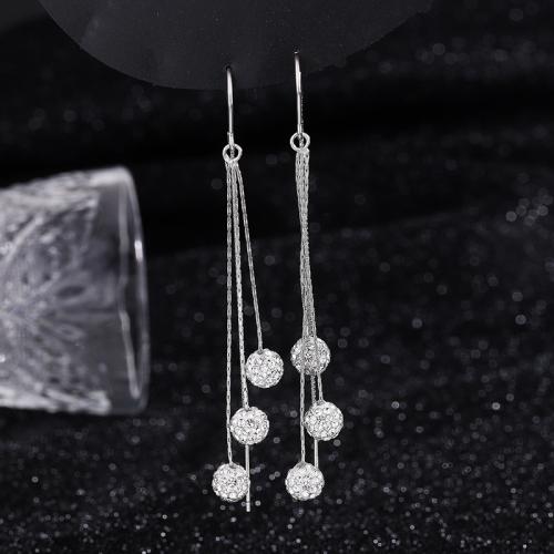 925 Sterling Silver Thread Through Earrings, Round, platinum plated, for woman & with rhinestone, 70mm, Sold By Pair
