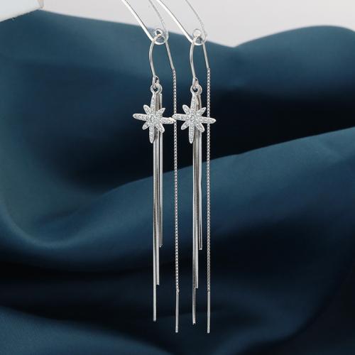 925 Sterling Silver Thread Through Earrings, Eight Point Star, for woman & with rhinestone, 70mm, Sold By Pair