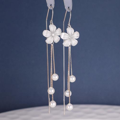 925 Sterling Silver Thread Through Earrings, with Resin & Plastic Pearl, Flower, for woman & with rhinestone, earring length 70-100mm, Sold By Pair