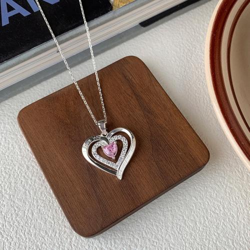 925 Sterling Silver Necklace, with 2inch extender chain, Heart, cross chain & for woman & with rhinestone, silver color, Hole:Approx 0.6mm, Length:Approx 15.7 Inch, Sold By PC
