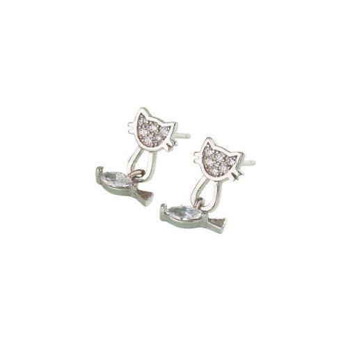 925 Sterling Silver Drop Earring, Cat and Fish, platinum plated, for woman & with rhinestone, 8.40x12.60mm, Sold By Pair