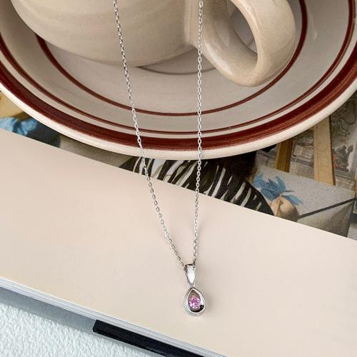 925 Sterling Silver Necklace, with 2inch extender chain, Teardrop, platinum plated, cross chain & micro pave cubic zirconia & for woman, Length:Approx 15.7 Inch, Sold By PC