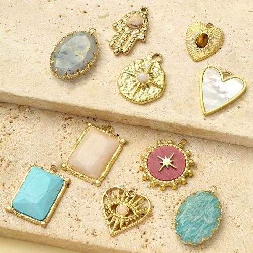 Stainless Steel Pendants, 304 Stainless Steel, with Natural Stone & White Shell, gold color plated, DIY, more colors for choice, 3PCs/Bag, Sold By Bag