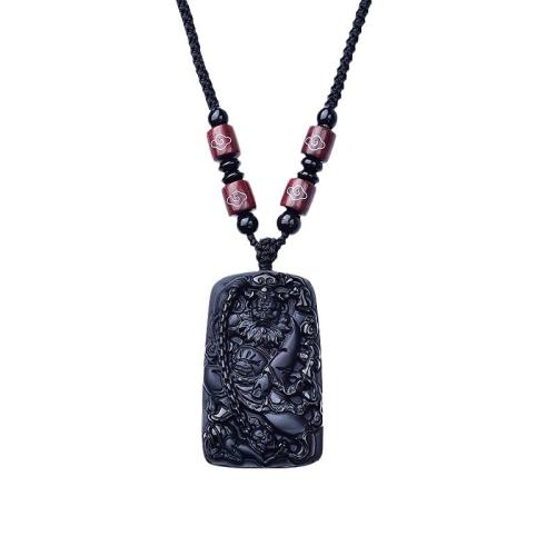 Natural Gemstone Necklace, Obsidian, with Knot Cord, polished, Unisex & carved & different styles for choice, black, 48.30x29.50x11mm, Length:Approx 38 cm, Sold By PC