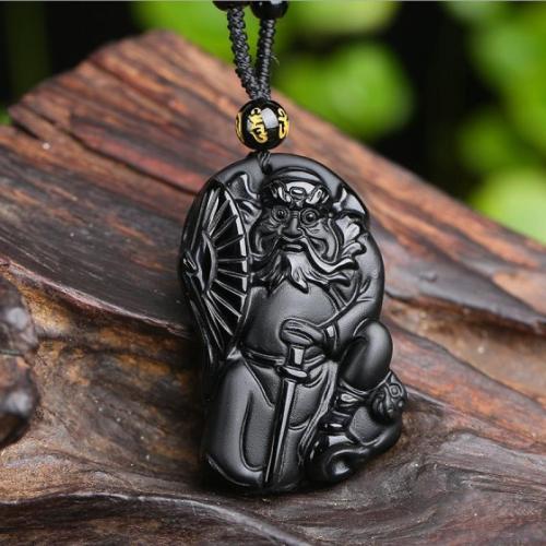 Natural Gemstone Necklace, Obsidian, polished, carved & for man, black, 52x34mm, Length:Approx 38 cm, Sold By PC