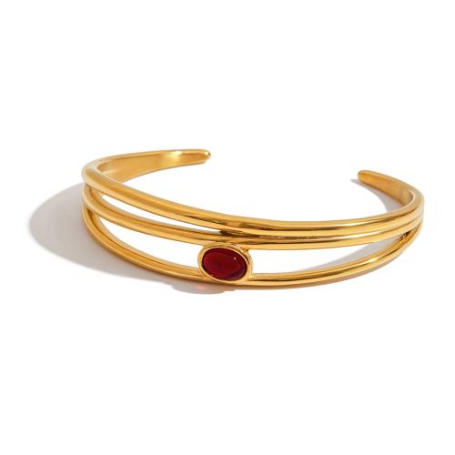 Stainless Steel Bangle, 304 Stainless Steel, with Natural Stone, plated, fashion jewelry & for woman & hollow, golden, Sold By PC