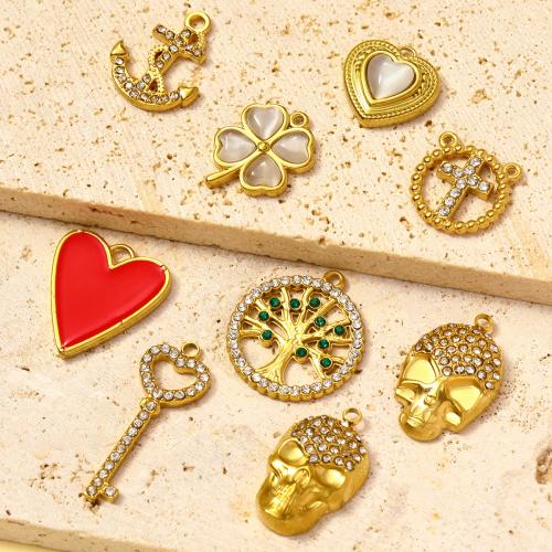 Stainless Steel Pendants, 304 Stainless Steel, with Cats Eye, gold color plated, DIY & enamel & with rhinestone & double-hole, more colors for choice, 3PCs/Bag, Sold By Bag