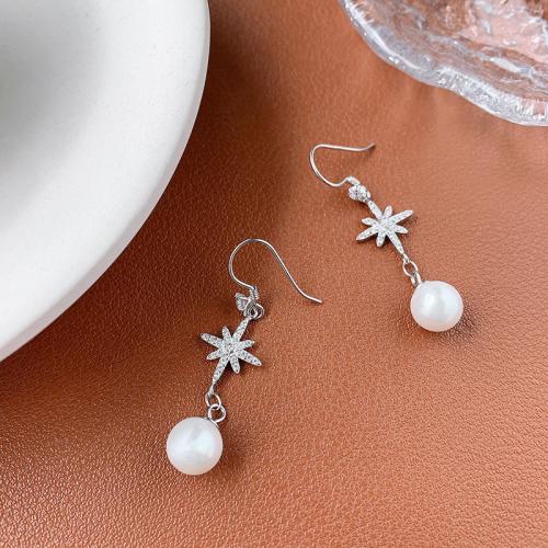 925 Sterling Silver Drop Earring, with Plastic Pearl, Eight Point Star, fashion jewelry & for woman & with rhinestone, 50mm, Sold By Pair
