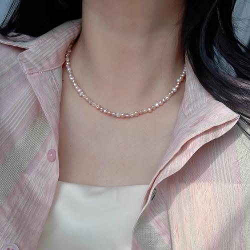 Natural Freshwater Pearl Necklace, with 925 Sterling Silver, Baroque, fashion jewelry, more colors for choice, 4x5mm, Sold By Strand