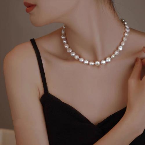 Natural Freshwater Pearl Necklace, with 925 Sterling Silver, gold color plated, fashion jewelry, white, 7x9mm, Sold By Strand