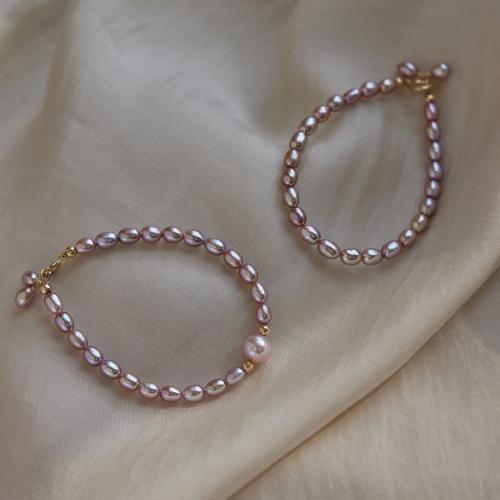 Freshwater Cultured Pearl Bracelet, Freshwater Pearl, with Brass, Rice, gold color plated, fashion jewelry, mixed colors, 4x6mm, Sold By Strand