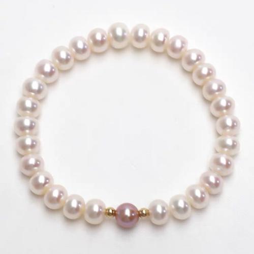 Freshwater Cultured Pearl Bracelet, Freshwater Pearl, with 925 Sterling Silver, Slightly Round, gold color plated, fashion jewelry, more colors for choice, 5x6mm, Sold By Strand