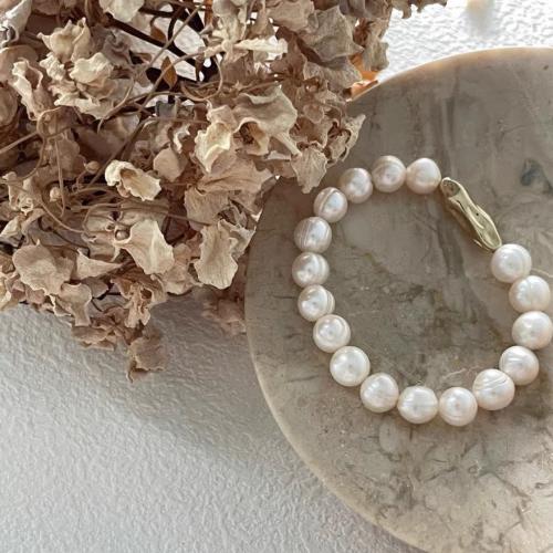 Freshwater Cultured Pearl Bracelet, Freshwater Pearl, with Brass, irregular, gold color plated, fashion jewelry, white, 8x9mm, Sold By Strand