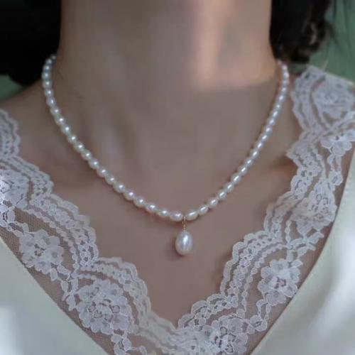 Natural Freshwater Pearl Necklace, with Brass, irregular, gold color plated, fashion jewelry, white, 5x6mm, Sold By Strand
