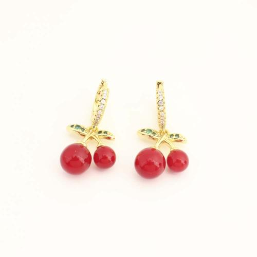 Brass Drop Earring, with Plastic, fashion jewelry & micro pave cubic zirconia & for woman, golden, Healthy Bracelet, Sold By PC