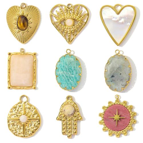 Stainless Steel Pendants, 304 Stainless Steel, with Gemstone & White Shell, gold color plated, DIY, more colors for choice, 50x38mm, 3PCs/Bag, Sold By Bag