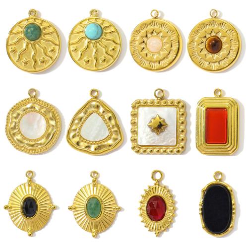 Stainless Steel Pendants, 304 Stainless Steel, with Gemstone & White Shell, gold color plated, DIY, more colors for choice, 3PCs/Bag, Sold By Bag