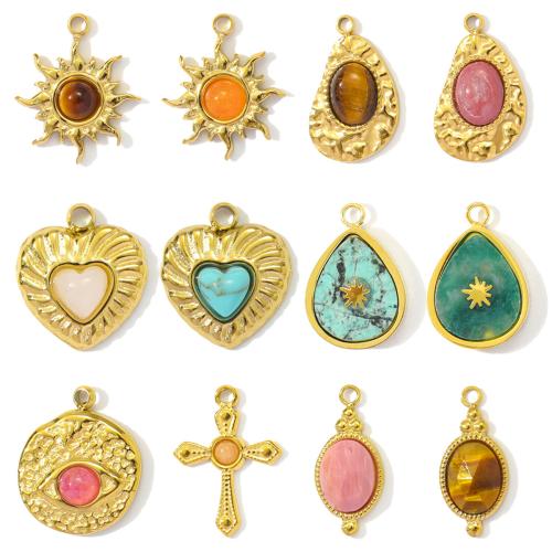 Stainless Steel Pendants, 304 Stainless Steel, with Gemstone, gold color plated, DIY, more colors for choice, 3PCs/Bag, Sold By Bag