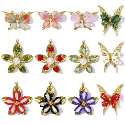 Titanium Steel Pendants, with Glass Beads & ABS Plastic Pearl & Resin, gold color plated, DIY, more colors for choice, 3PCs/Bag, Sold By Bag