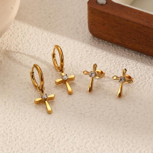 Stainless Steel Drop Earring, 304 Stainless Steel, Cross, gold color plated, fashion jewelry & with rhinestone, golden, Sold By Pair