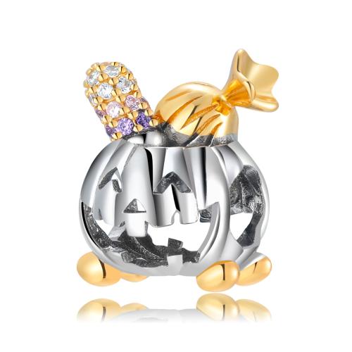 925 Sterling Silver Beads, Pumpkin, Halloween Design & DIY & micro pave cubic zirconia, 10mm, Sold By PC