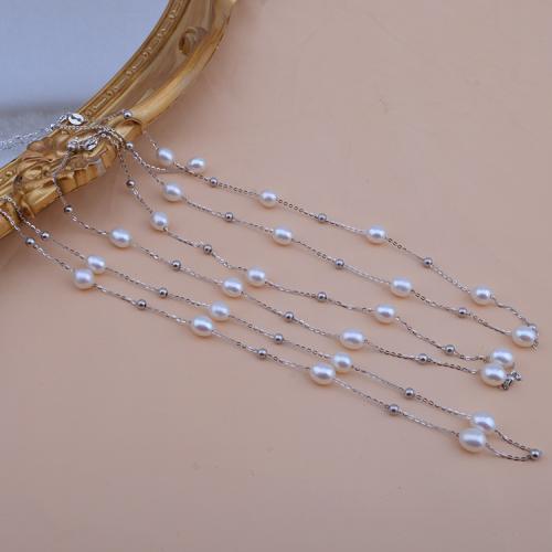 925 Sterling Silver Pearl Necklace, with Freshwater Pearl, Rice, silver color plated, fashion jewelry, white, 4x7mm, Sold By Strand