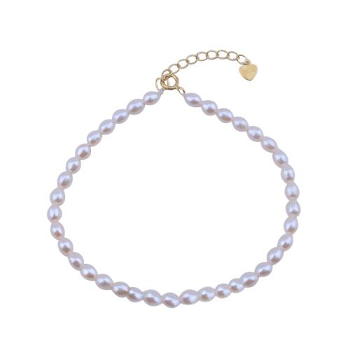 Natural Freshwater Pearl Necklace, with 925 Sterling Silver, Rice, gold color plated, fashion jewelry, white, 3x4mm, Sold By Strand