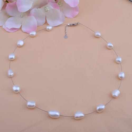 Natural Freshwater Pearl Necklace, with 925 Sterling Silver & Tiger Tail Wire, silver color plated, fashion jewelry, white, 8x9mm, Sold By Strand