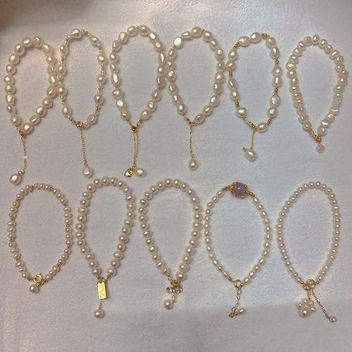 Freshwater Cultured Pearl Bracelet, Freshwater Pearl, with Gemstone & Brass, Baroque, 14K gold plated, fashion jewelry & micro pave cubic zirconia, more colors for choice, 5x10mm, Sold By Strand