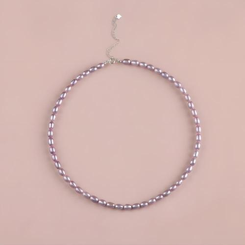 Natural Freshwater Pearl Necklace, with 925 Sterling Silver, Rice, silver color plated, fashion jewelry, more colors for choice, 5x6mm, Sold By Strand